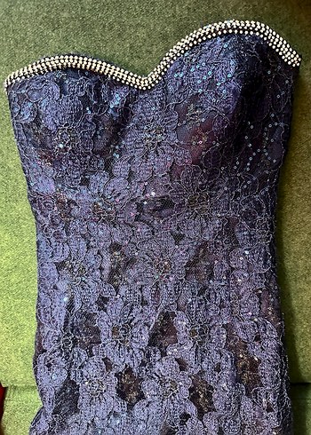 Lacivert Straplez Payetli Balık Uzun Abiye Elbise - Görsel 3