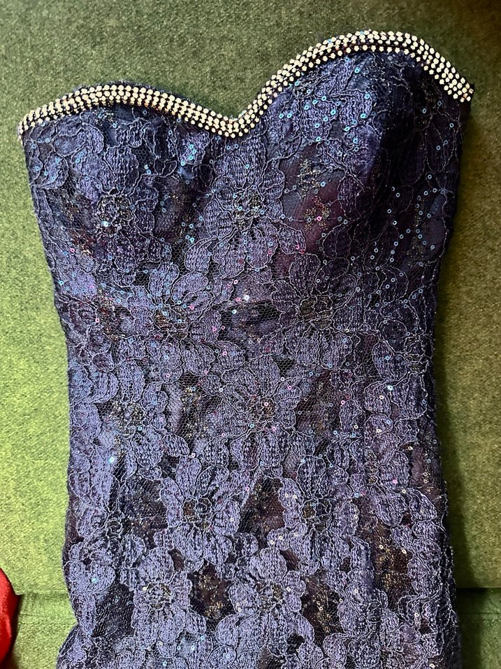 Lacivert Straplez Payetli Balık Uzun Abiye Elbise - Görsel 3