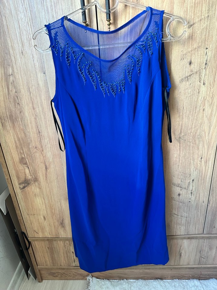 İşlemeli ve Boncuklu Mavi Midi Elbise - Görsel 2