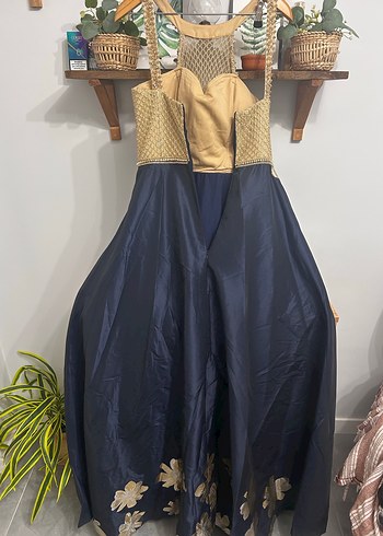 Lacivert Nakışlı Uzun Bohem Abiye Elbise - Görsel 3