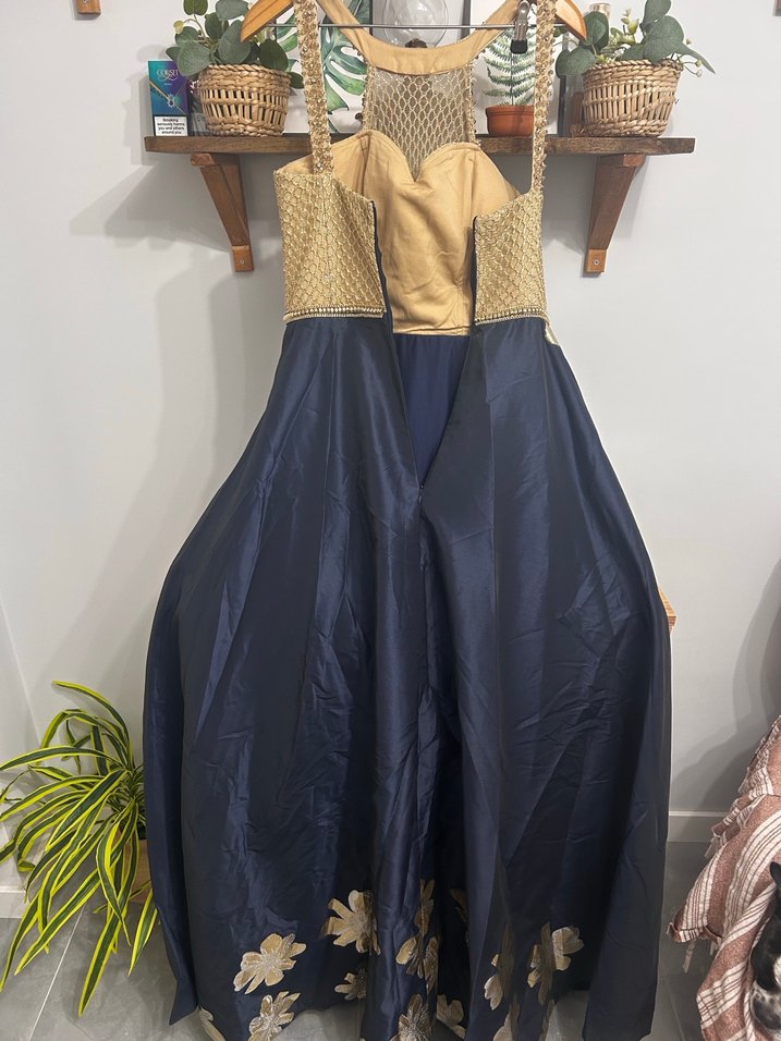 Lacivert Nakışlı Uzun Bohem Abiye Elbise - Görsel 3