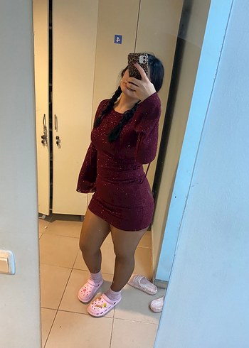 Bordo Simli Uzun Kollu Mini Elbise - Görsel 2