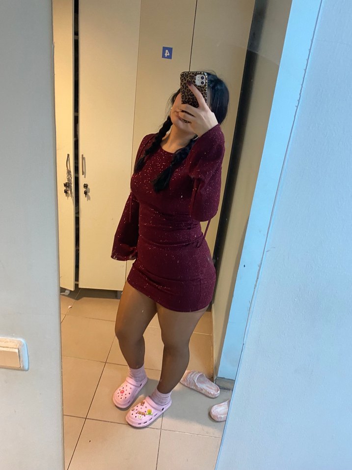 Bordo Simli Uzun Kollu Mini Elbise - Görsel 2