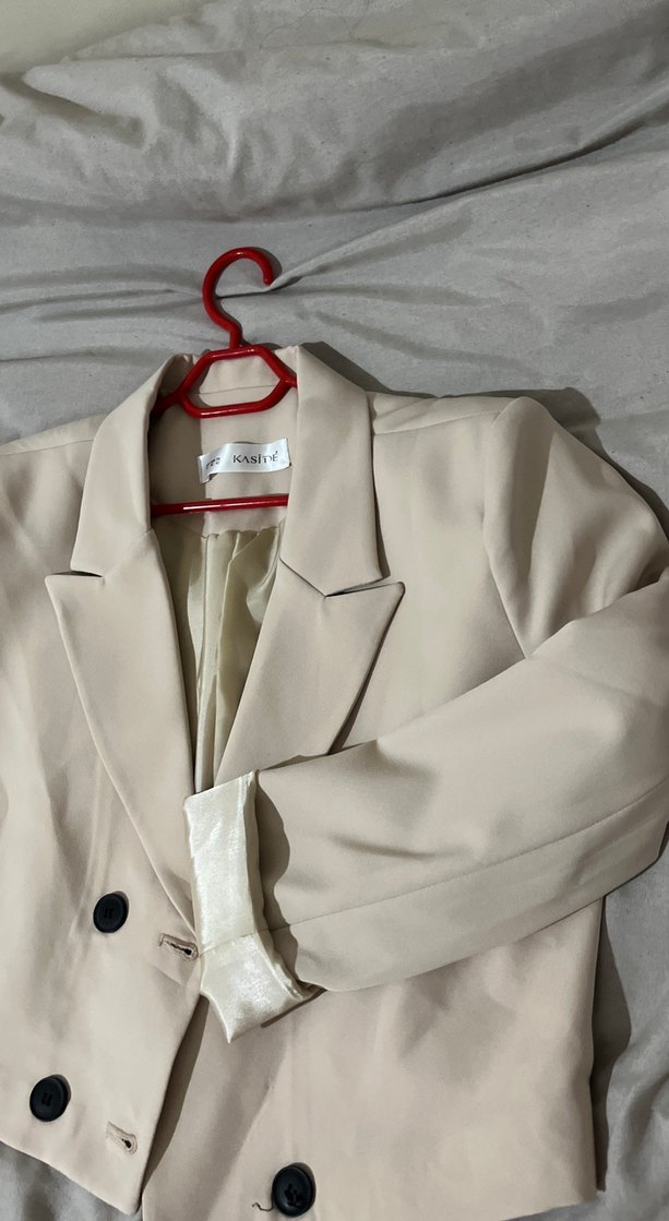 Düğmeli krem Mini Kadın Blazer Ceket - Görsel 5