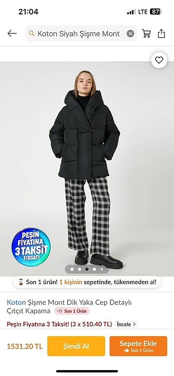 38 Beden siyah Renk Koton şişme mont
