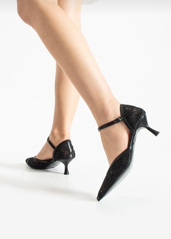 Kadın 6 cm topuklu sivri burun dantel dokulu bilekten bantlı - Görsel 13