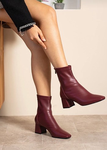 Kadın Bordo Streçli fermuarlı deri kare burun bot 5cm topuklu - Görsel 4