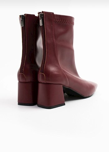 Kadın Bordo Streçli fermuarlı deri kare burun bot 5cm topuklu - Görsel 3