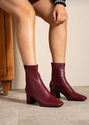 Kadın Bordo Streçli fermuarlı deri kare burun bot 5cm topuklu - Görsel 5