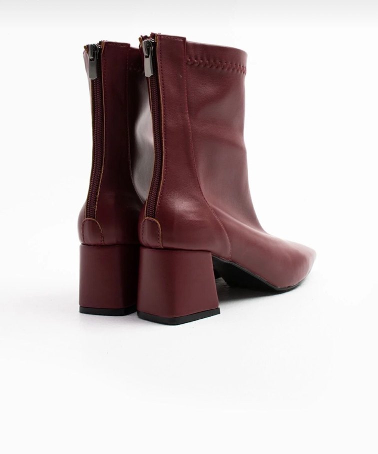 Kadın Bordo Streçli fermuarlı deri kare burun bot 5cm topuklu - Görsel 3
