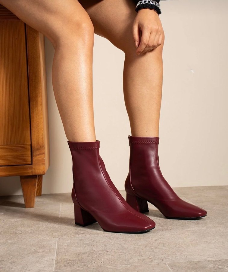 Kadın Bordo Streçli fermuarlı deri kare burun bot 5cm topuklu - Görsel 5