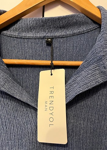 TrendyolMan Erkek Mavi Oversize Kendinden Dokulu Polo Tişört - Görsel 2