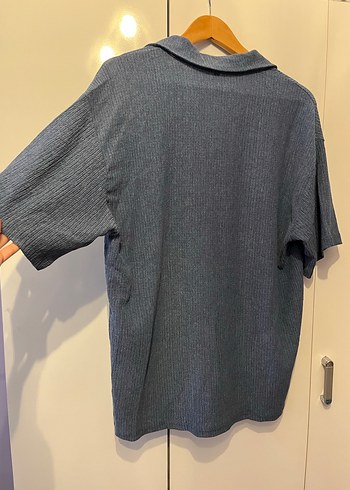 TrendyolMan Erkek Mavi Oversize Kendinden Dokulu Polo Tişört - Görsel 3