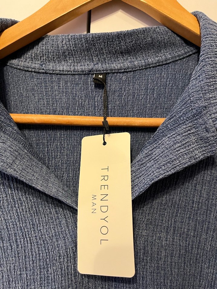 TrendyolMan Erkek Mavi Oversize Kendinden Dokulu Polo Tişört - Görsel 2