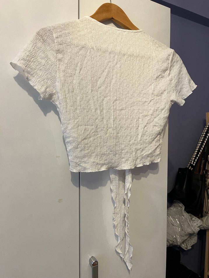 Kısa Beyaz Bürümcük Bohem Crop Bluz - Görsel 4