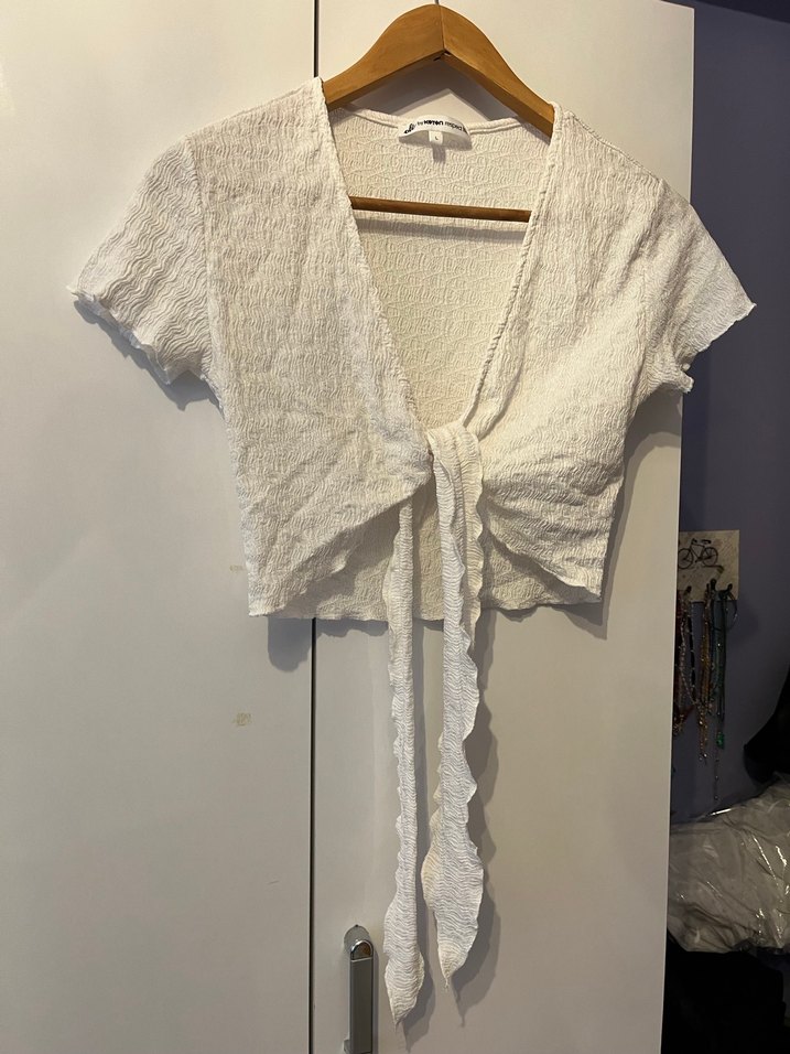 Kısa Beyaz Bürümcük Bohem Crop Bluz - Görsel 2