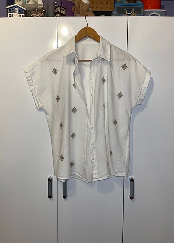 Nakışlı Kısa Kollu Bohem Keten Gömlek - Görsel 2