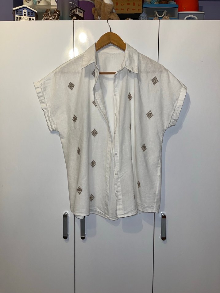 Nakışlı Kısa Kollu Bohem Keten Gömlek - Görsel 2
