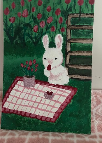 Çilek yiyen Tavşan Temalı Tablo lale hediye - Görsel 3