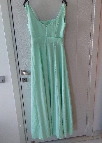 su yesili Drapeli V Yakalı Uzun Abiye Elbise - Görsel 2