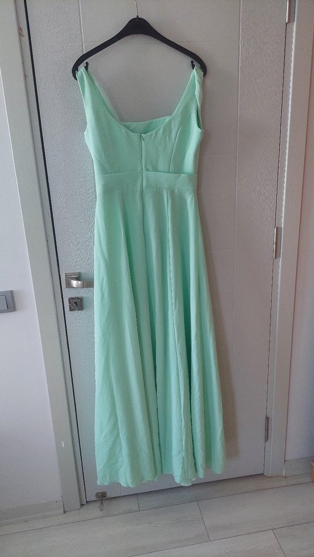 su yesili Drapeli V Yakalı Uzun Abiye Elbise - Görsel 2