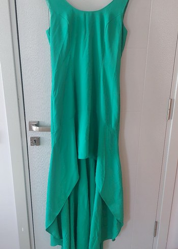 Uzun yesil V Yaka Drapeli Abiye Elbise - Görsel 2