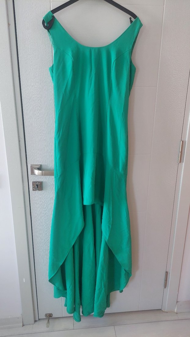 Uzun yesil V Yaka Drapeli Abiye Elbise - Görsel 2