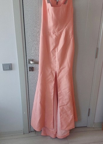 Pembe Drapeli Uzun V Yaka Abiye Elbise - Görsel 2