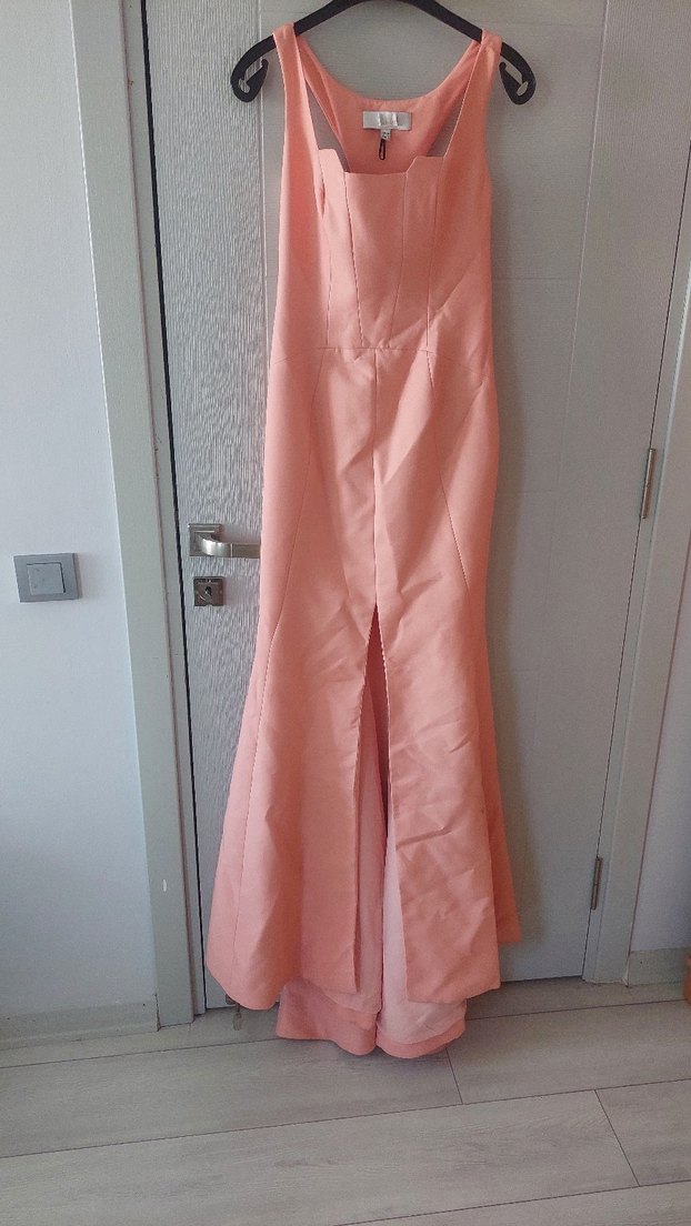 Pembe Drapeli Uzun V Yaka Abiye Elbise - Görsel 2