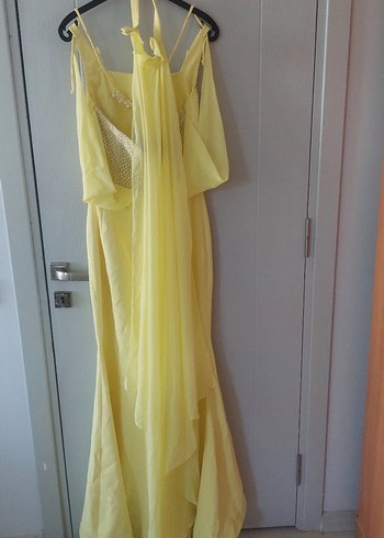 Dantel İşlemeli sari Straplez Midi Elbise - Görsel 7