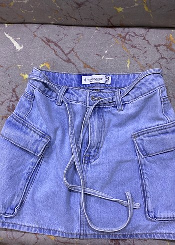 Tokalı Mavi Denim Mini Etek