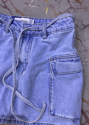 34 Beden Tokalı Mavi Denim Mini Etek