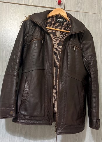Kahverengi Deri Biker Ceket, Kürk Detaylı
