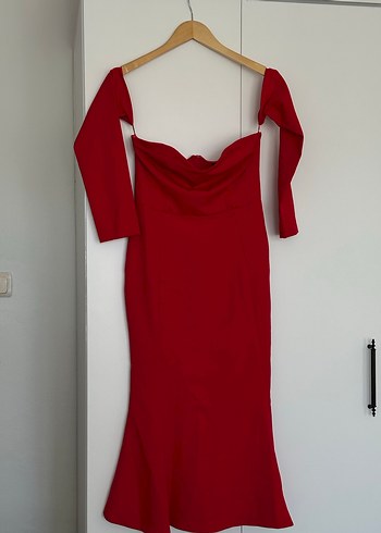 Kırmızı Uzun Drapeli Straplez Abiye Elbise - Görsel 2