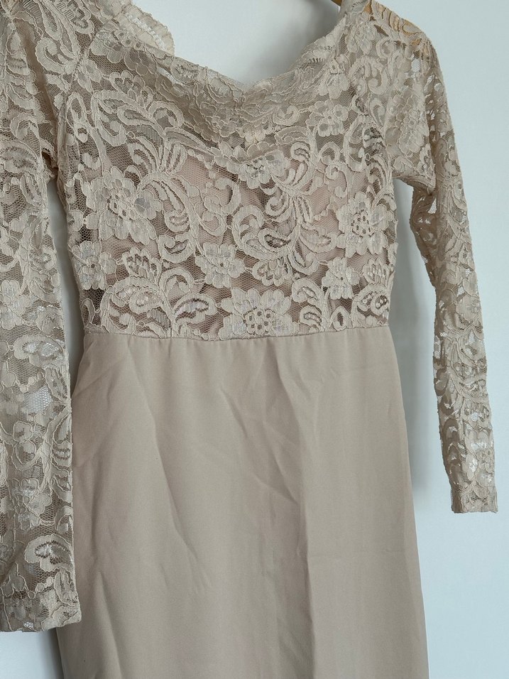 Bej Dantelli Uzun Kollu Uzun Abiye Elbise - Görsel 3