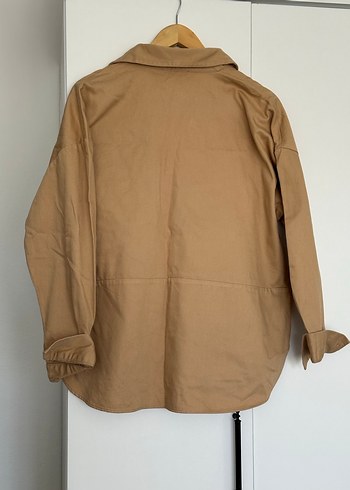 Düğmeli Bej Keten Kadın Gömlek ceket l beden - Görsel 3