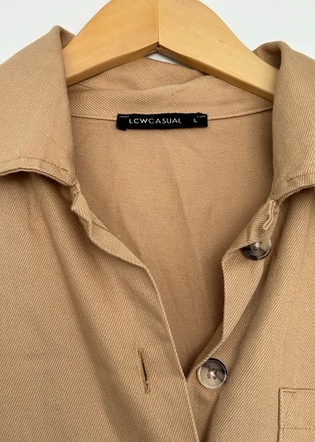 Düğmeli Bej Keten Kadın Gömlek ceket l beden - Görsel 2