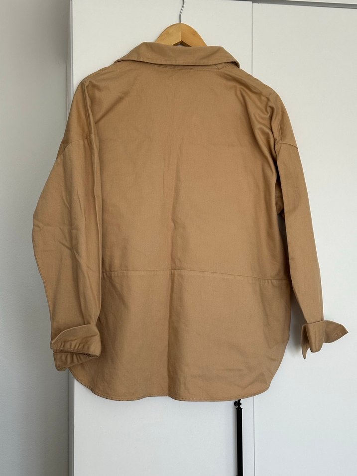 Düğmeli Bej Keten Kadın Gömlek ceket l beden - Görsel 3