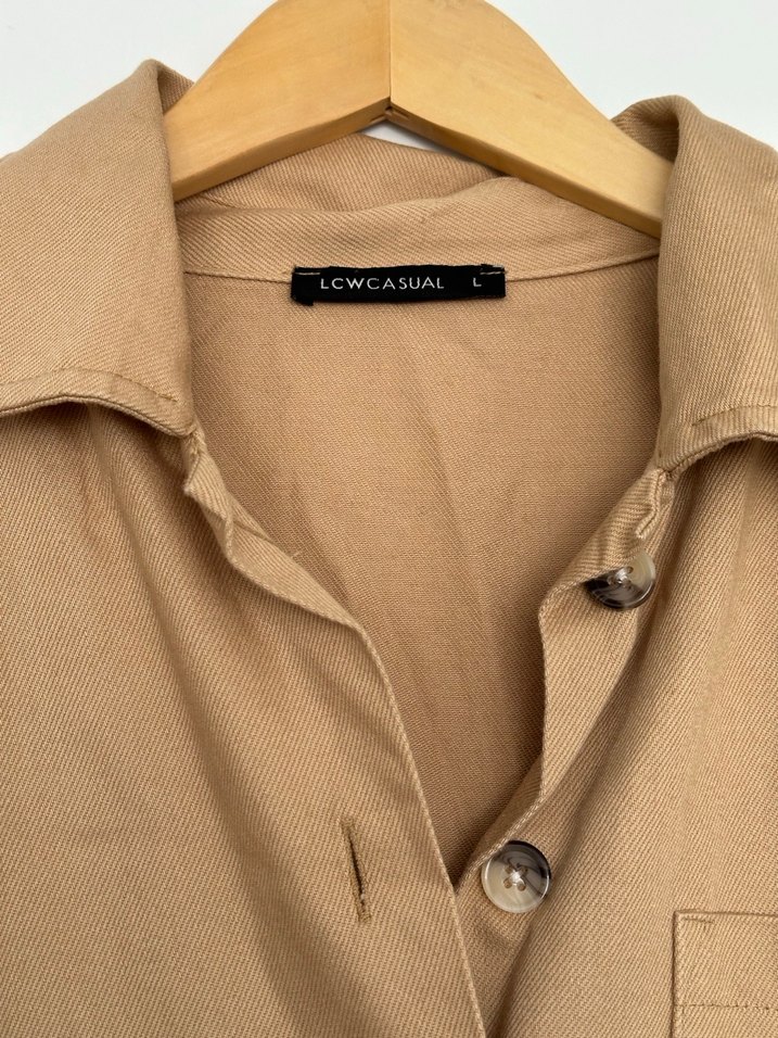 Düğmeli Bej Keten Kadın Gömlek ceket l beden - Görsel 2