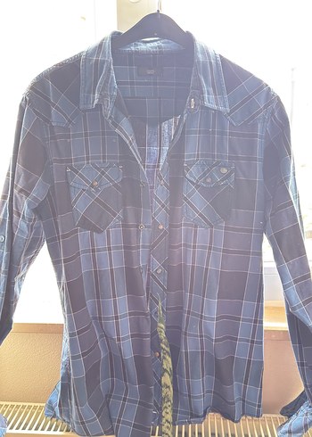 Düğmeli Mavi Gri Denim Erkek Gömlek