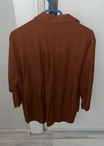 Düğmeli Kahverengi Keten Kadın Gömlek - Görsel 2