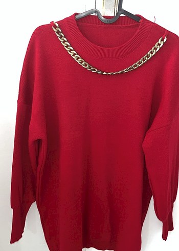 Zincir Detaylı Kırmızı Kadın Triko Kazak - Görsel 3