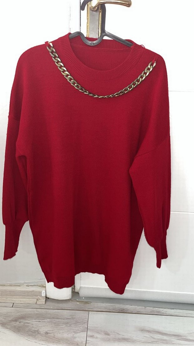 Zincir Detaylı Kırmızı Kadın Triko Kazak - Görsel 2