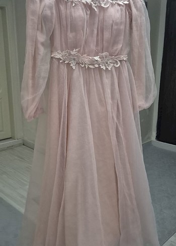 Pembe Vintage Uzun Kollu Uzun Elbise