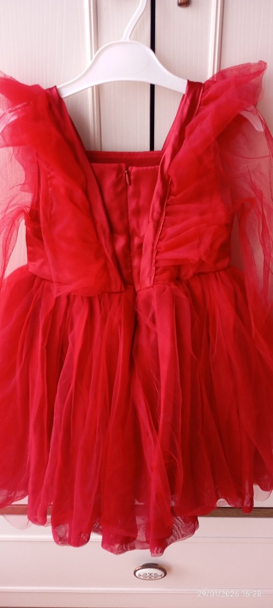 Kız Çocuk Kırmızı Fırfırlı Uzun Kollu Elbise - Görsel 3