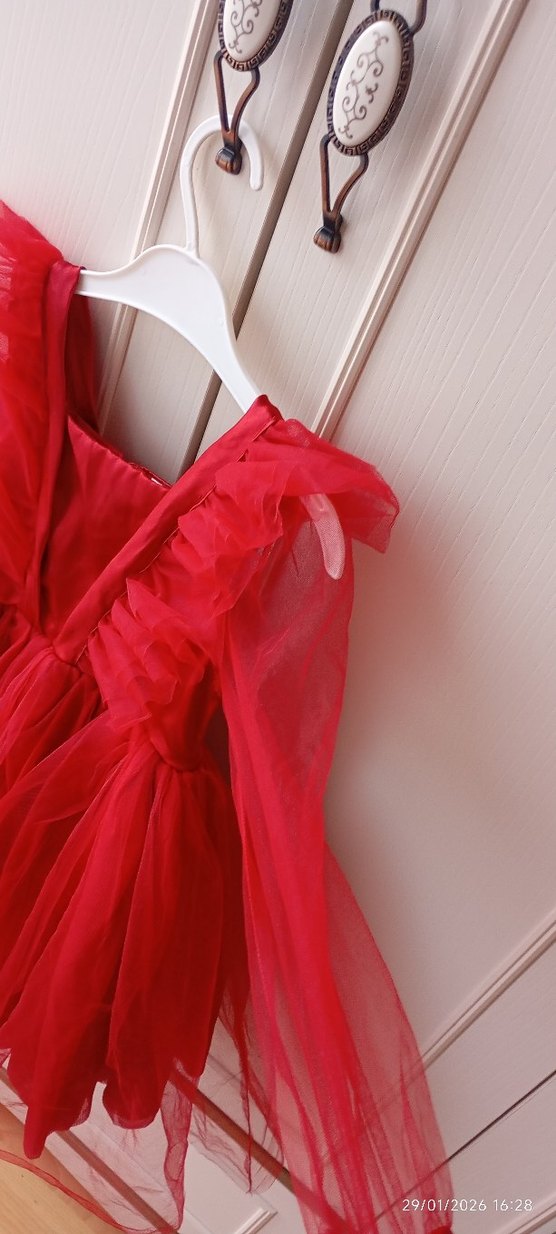 Kız Çocuk Kırmızı Fırfırlı Uzun Kollu Elbise - Görsel 4