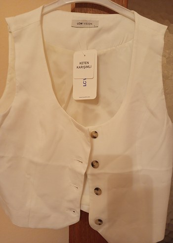 Düğmeli Beyaz Pamuklu Kadın Yelek - Görsel 4