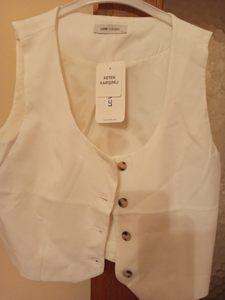 Düğmeli Beyaz Pamuklu Kadın Yelek - Görsel 4