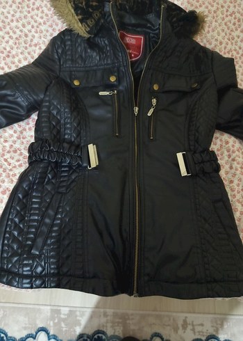 Kürklü Kapüşonlu Siyah Deri Biker Ceket - Görsel 4