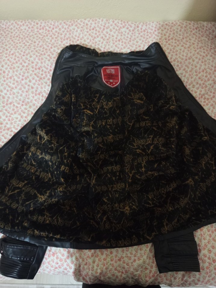 Kürklü Kapüşonlu Siyah Deri Biker Ceket - Görsel 2